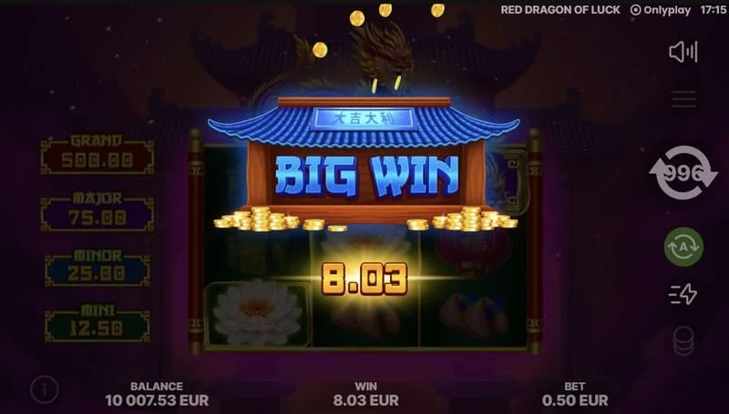 Red Dragon of Luck – hlavní obrazovka s mřížkou 3x3 a červeným drakem